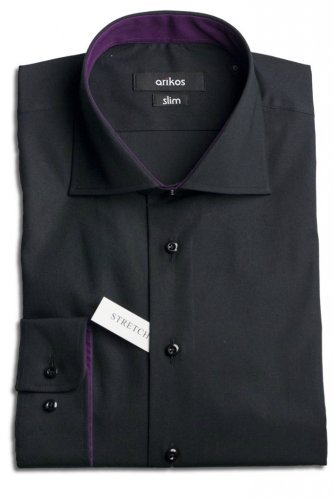 VÝPRODEJ! Černá pánská košile s fialovou kontrastní látkou - SLIM